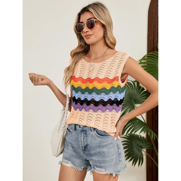 Takeyal Women Light Khaki Sleeveless Crochet Tank Casual Summer Striped Sweater - Picture 5 of 7